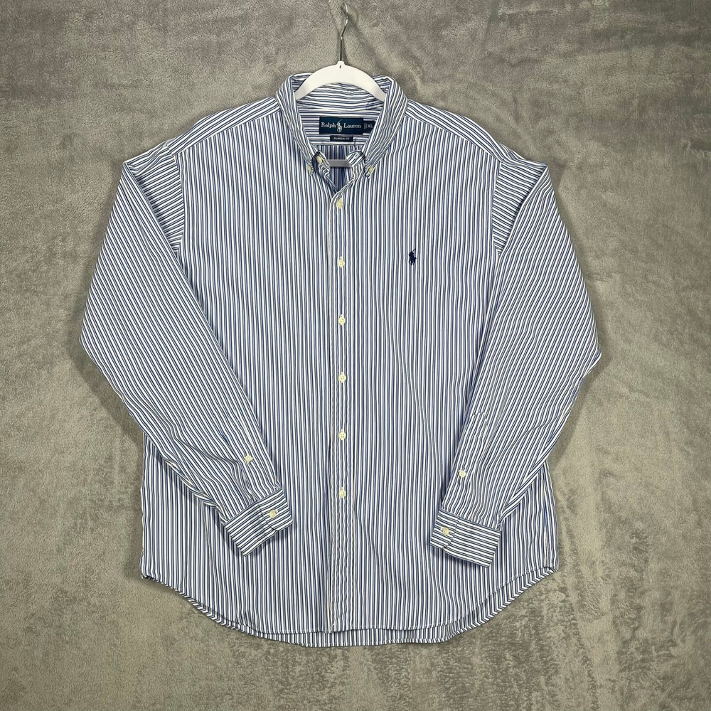 Ralph Lauren Button Down Shirt Mens XL Blue White Striped Classic Fit Cotton